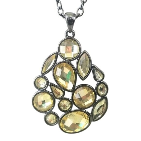 Lia Sophia Yellow Rhinestone Teardrop Pendant Necklace Long Gun Metal Gray - Picture 2 of 6